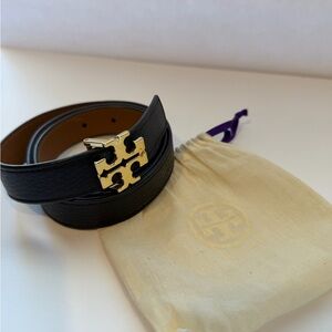 Tory Burch Black Leather Reversible Belt with Gold Logo